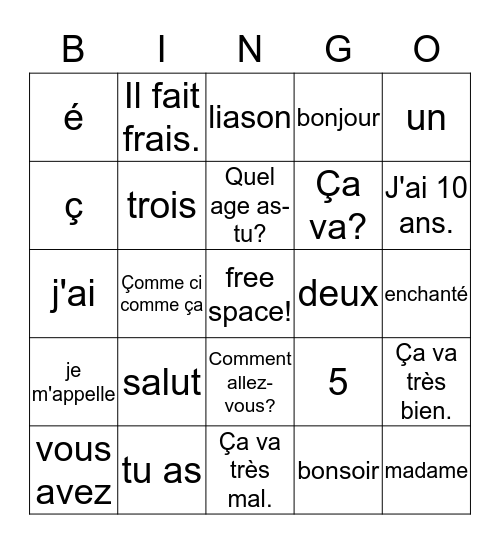 Je l'ai - French Lessons 1-8 Bingo Card