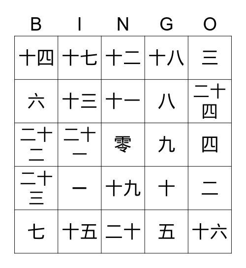 Chinese Bingo Card