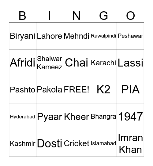 Pakistan Bingo Card