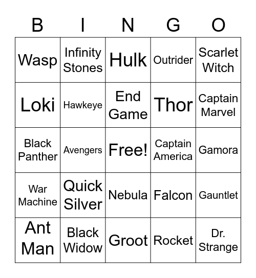 Avengers Bingo Card