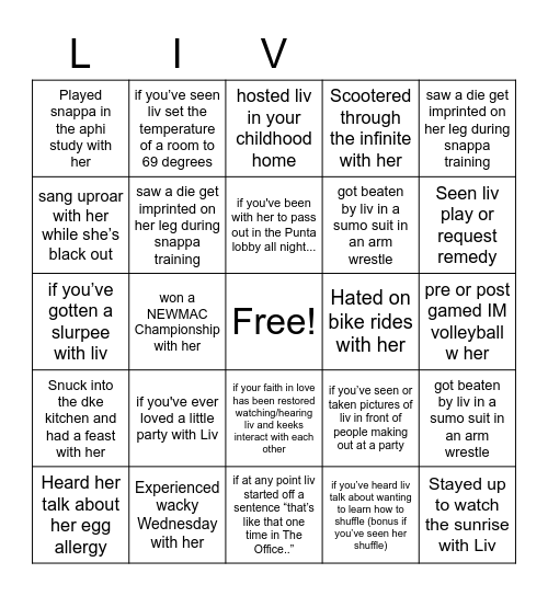 Liv's 21st BDAY Bingo Card