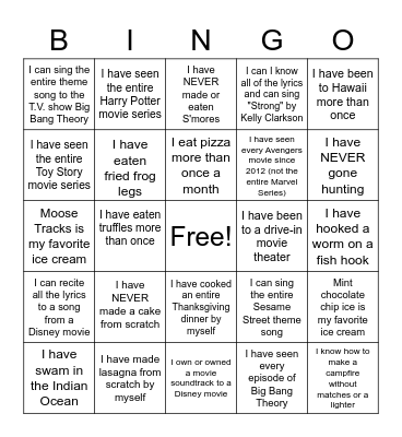 Food, Movies and T.V.Shows Bingo Card