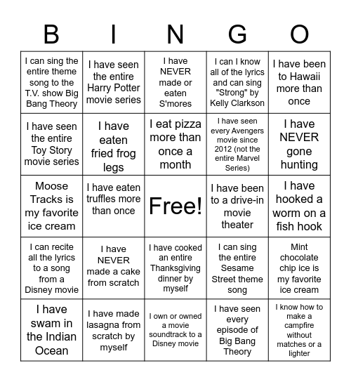 Food, Movies and T.V.Shows Bingo Card