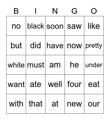 Sight Words Bingo Card