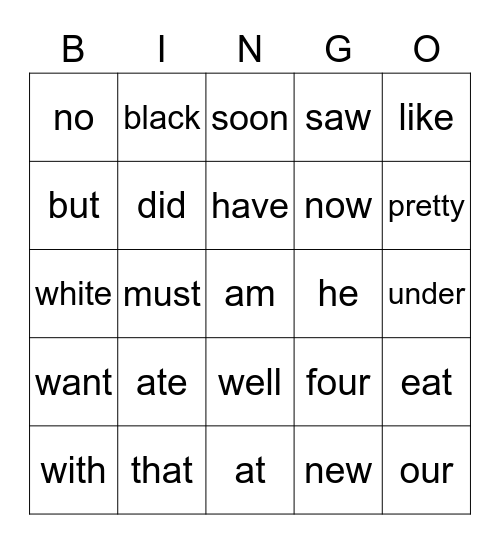 Sight Words Bingo Card