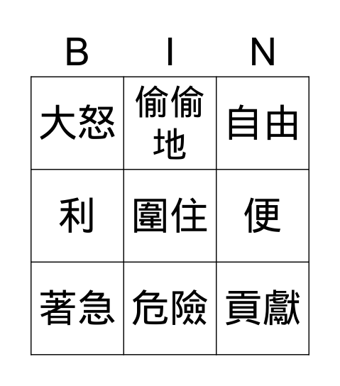 Chinese Bingo 2-2 Bingo Card