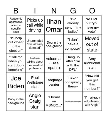 Phone Call Bingo Card