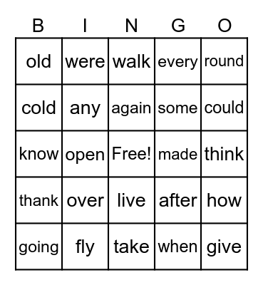 Sight Words Week 2 Bingo Card