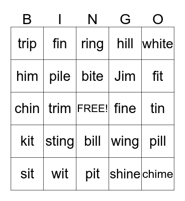 Short i Words Bingo Card