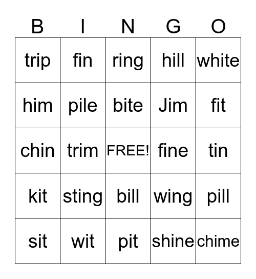 Short i Words Bingo Card
