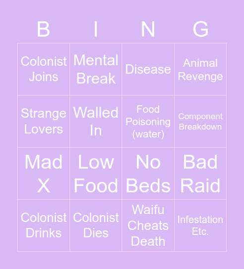Rimworld Bingo Card