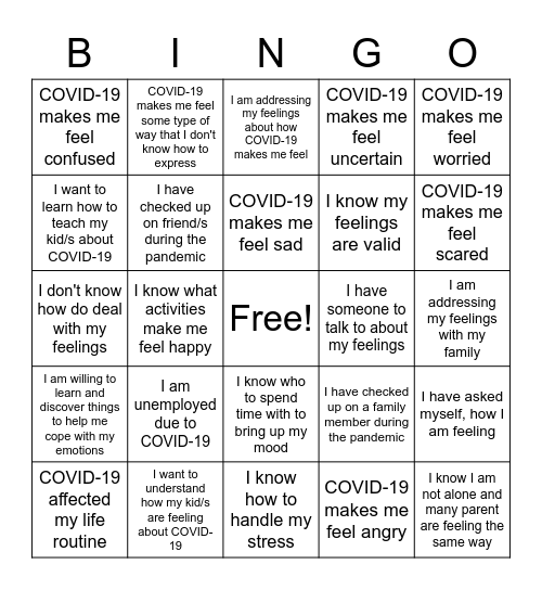 Understanding your Emotions during a Pandemic Bingo Card