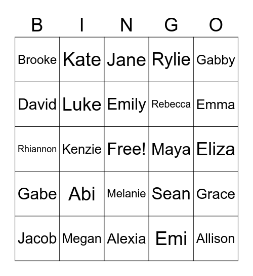 Olympic Camp 2020 Bingo Card