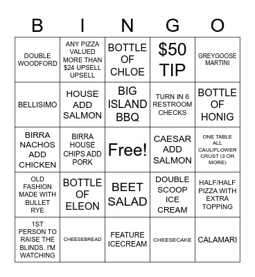 BIRRA BIRRA SIDEWORK FREE PASS Bingo Card