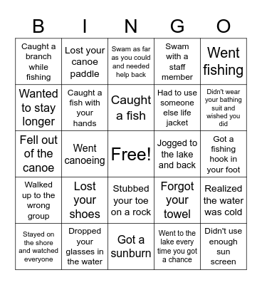 Lake Time Bingo Card