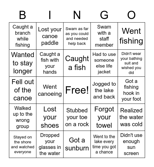 Lake Time Bingo Card