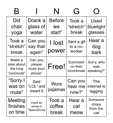 Working Remotely Bingo Card