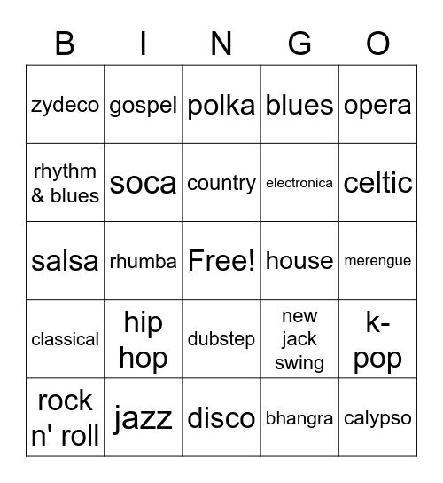 Music Genres Bingo Card