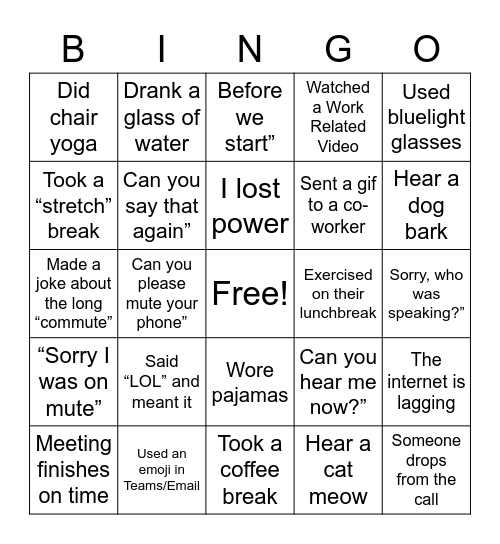 Working Remotely Bingo Card