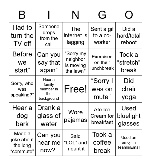 Working Remotely Bingo Card