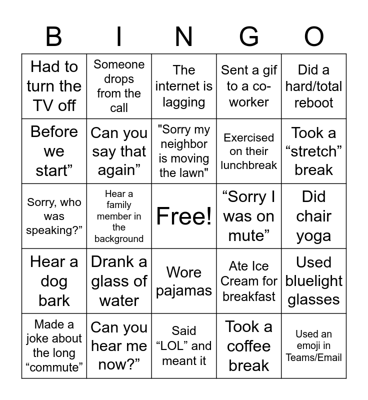 Working Remotely Bingo Card