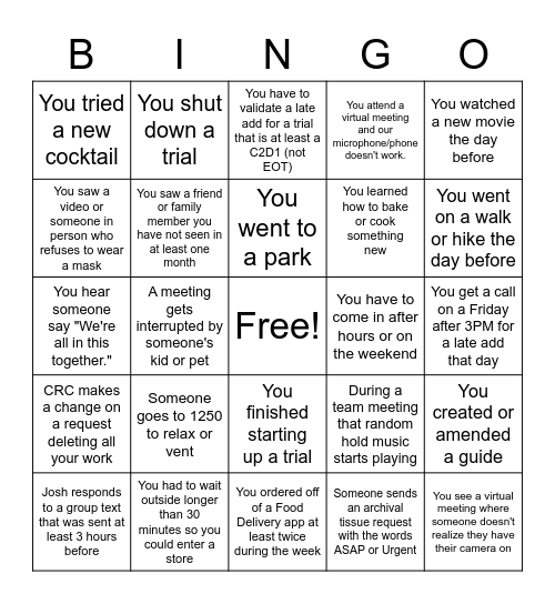 Pandemic Lab Bingo Card