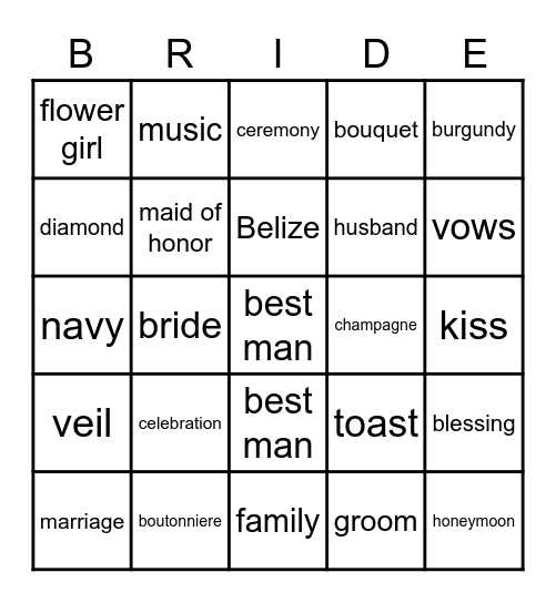 Abby and Ryan Marriage Ceremony Bingo Card