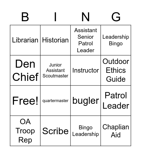 BSA Scout Leadership Bingo Card