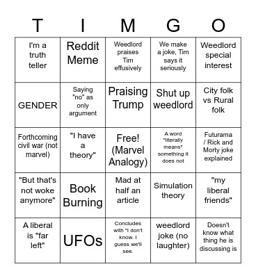TIM GO with SLIME BOY Bingo Card