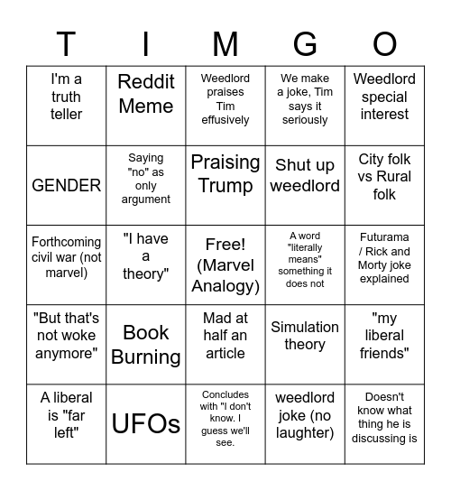 TIM GO with SLIME BOY Bingo Card
