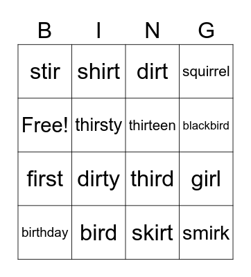 ir words Bingo Card