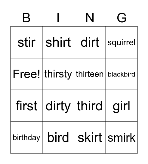 ir words Bingo Card