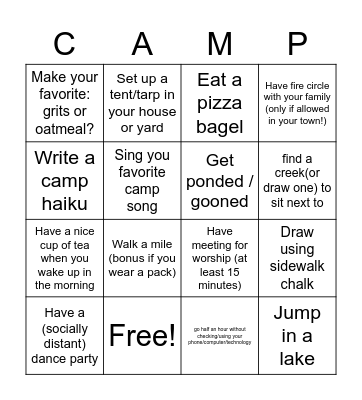 BYM Camps Week 1 Bingo Card
