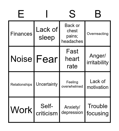 Stress Bingo Card