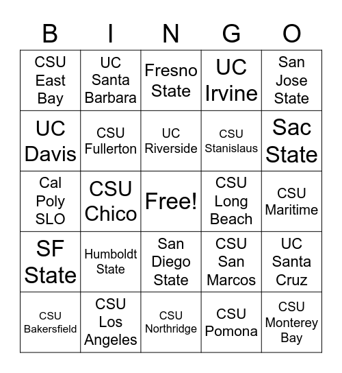 University Bingo Card