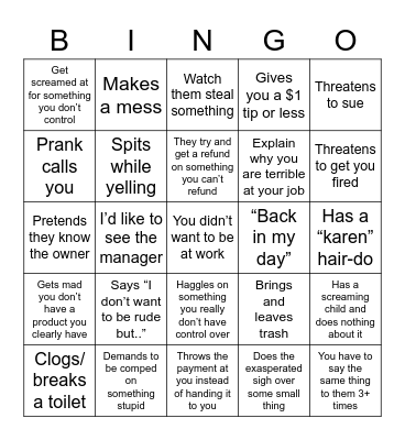 Entitled Customer Bingo Card