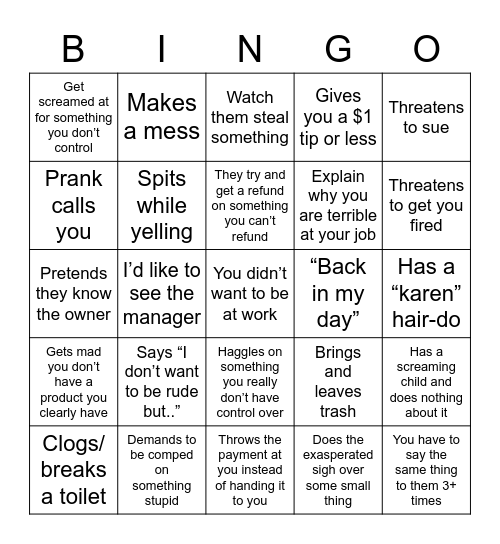 Entitled Customer Bingo Card