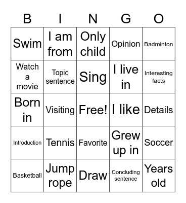 M 1/13 Writing BINGO Card