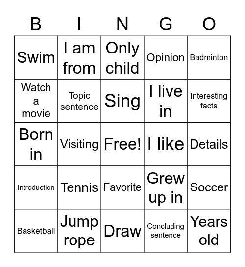 M 1/13 Writing BINGO Card