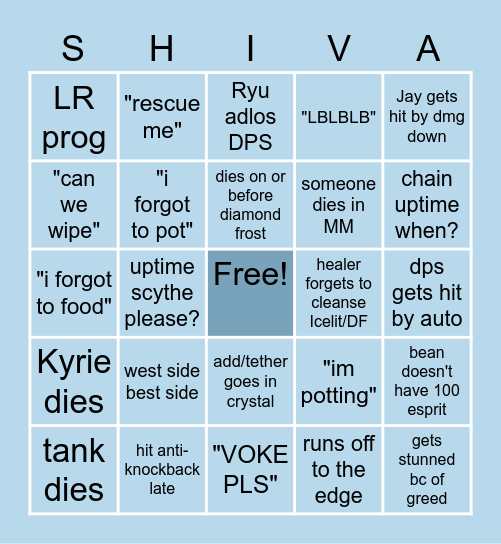 Shiva Reclear Bingo Night Bingo Card