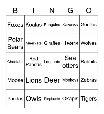 Zoo Animals Bingo Card