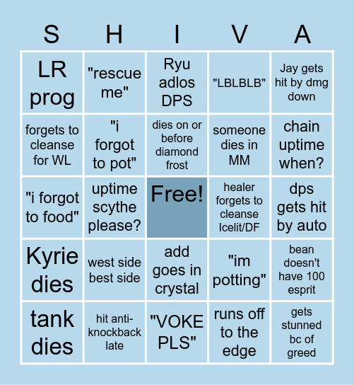 Shiva Reclear Bingo Night Bingo Card