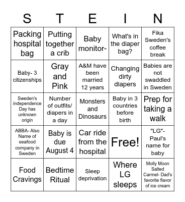 Aubrey and Mark's  Baby Shower Bingo Card