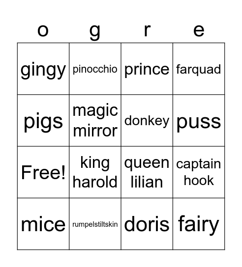 Shrek Bingo Card