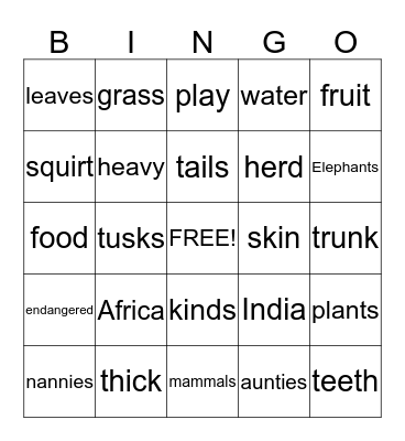 Elephants Bingo Card