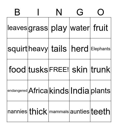 Elephants Bingo Card