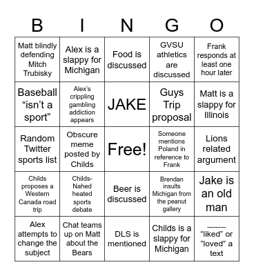 Matt Don’t Jump Bingo Card