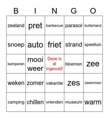 vakantie - bingo Card