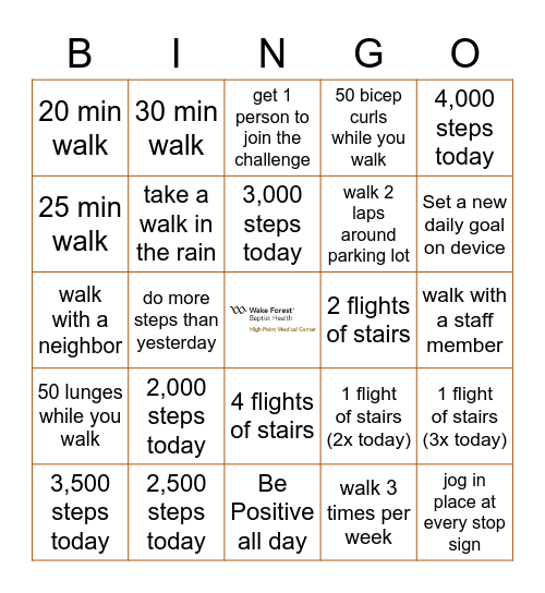 August 2020 Walking Challenge Bingo Card
