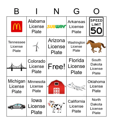 Road Trip Bingo Card